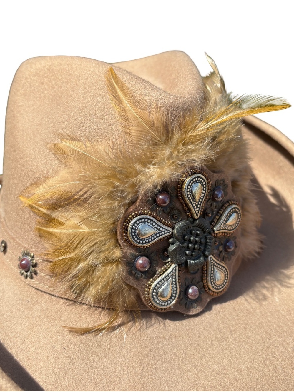 Something Special Tan Feather & Embellished Western Cowgirl Hat - 100% Wool